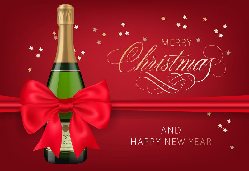 Merry Christmas With Champagne Bottle Red Postcard Design